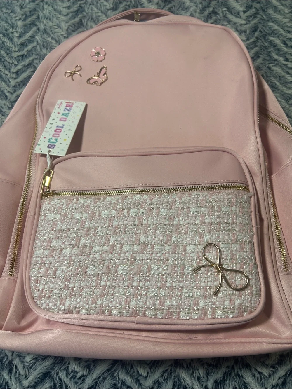 Pink Coquette-Style Backpack with Tweed Patteren and Gold Bow Accents